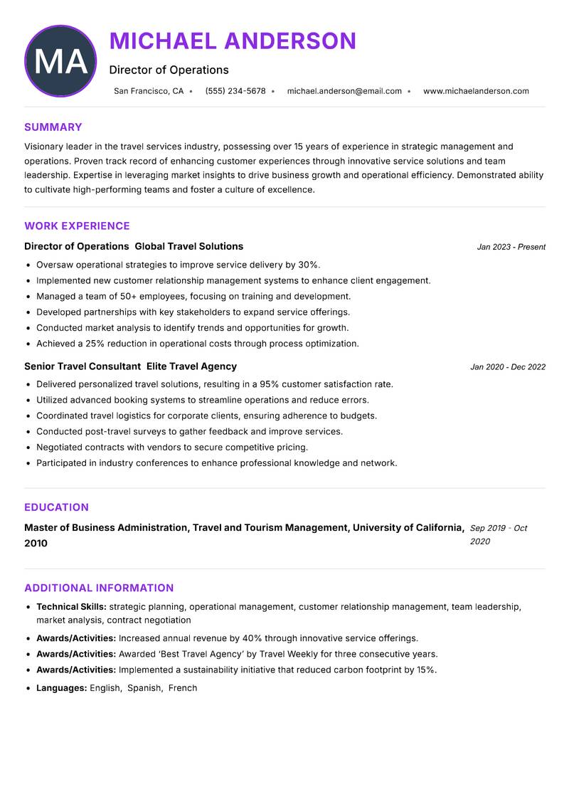 Head of Travel Services resume example — ATS-friendly template