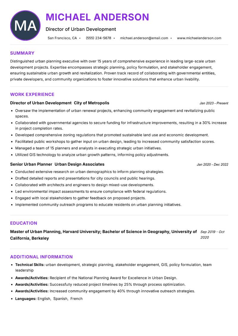 Head of Urban Planning resume example — ATS-friendly template