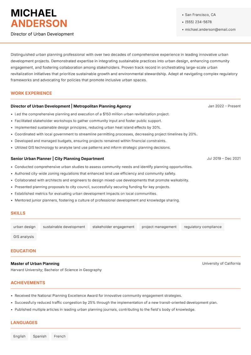 Head of Urban Planning resume template — Modern Professional
