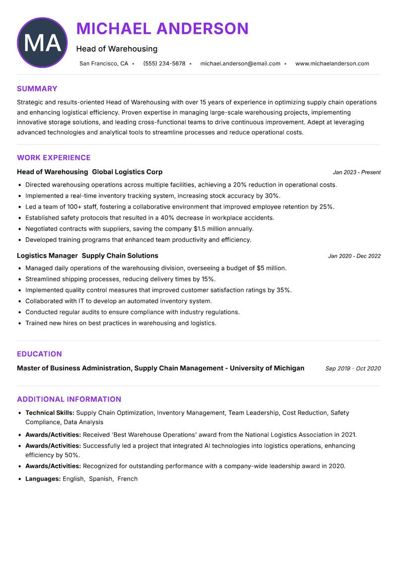 Head of Warehousing resume example — ATS-friendly template