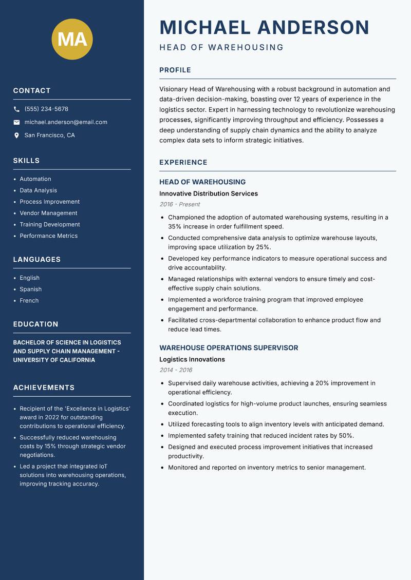 Head of Warehousing resume template — Classic Clean