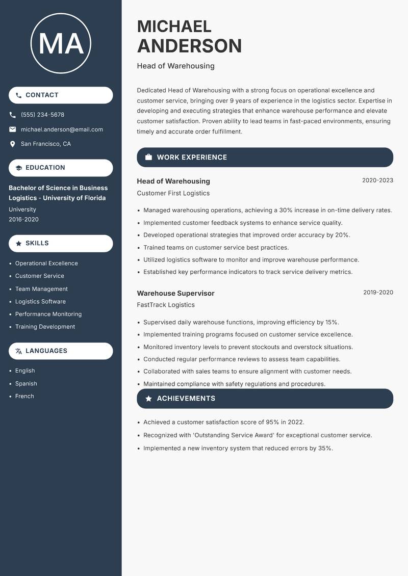 Head of Warehousing resume template — Compact