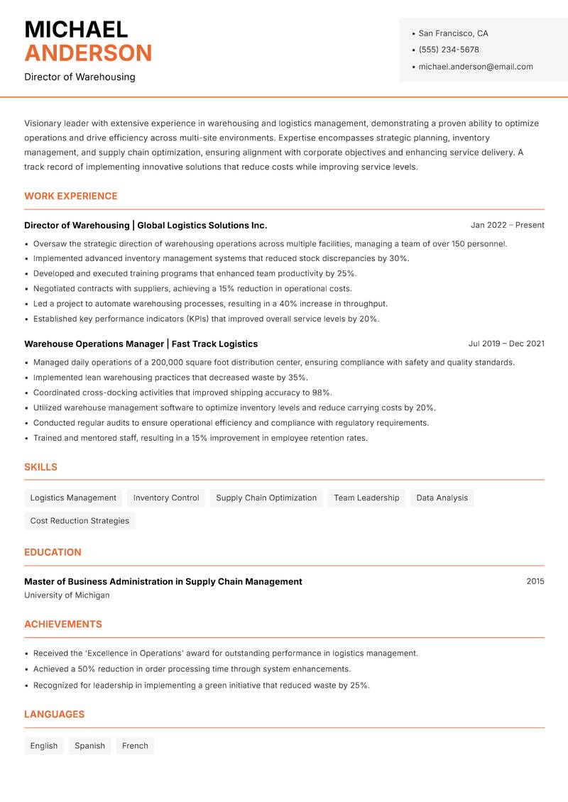 Head of Warehousing resume template — Modern Professional