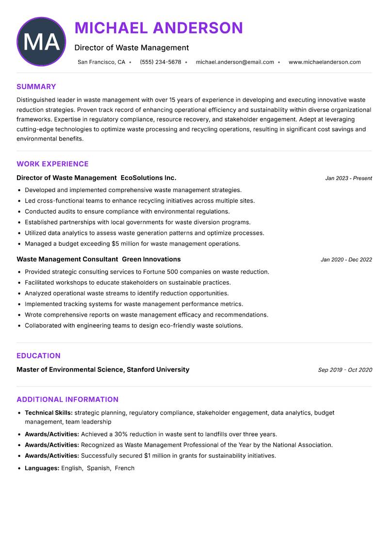 Head of Waste Management resume example — ATS-friendly template