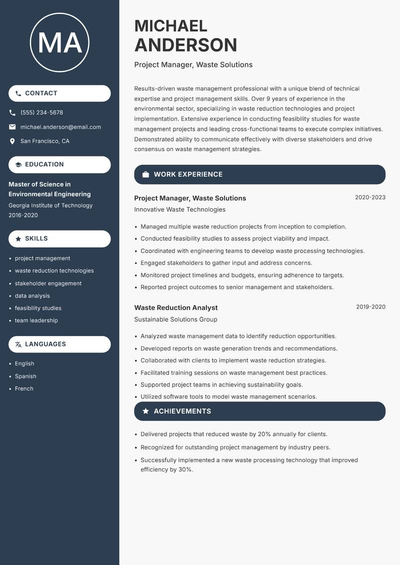 Head of Waste Management resume template — Compact
