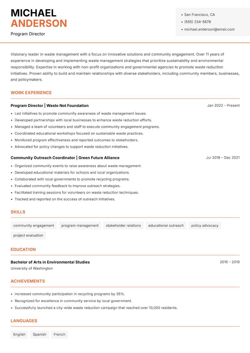 Head of Waste Management resume template — Modern Professional