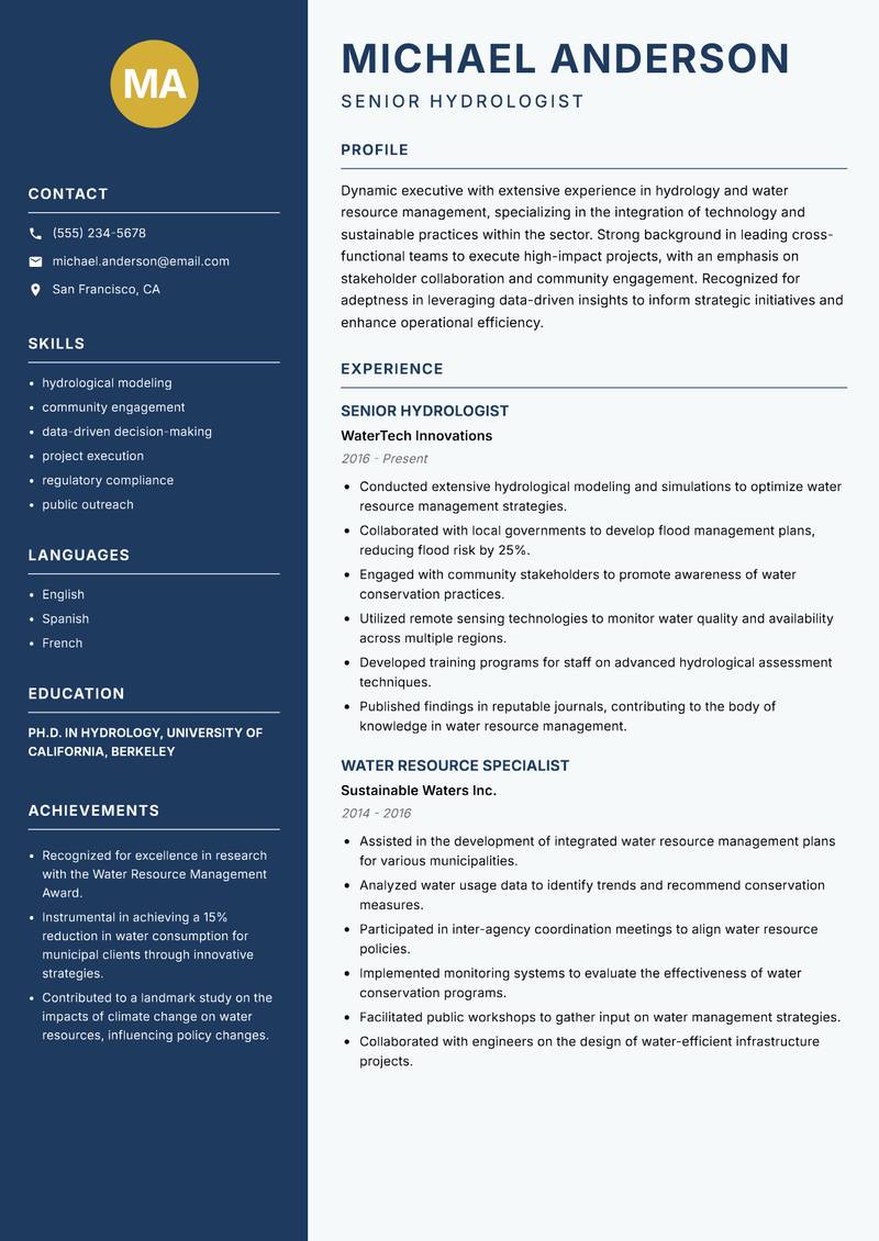 Head of Water Resources resume template — Classic Clean