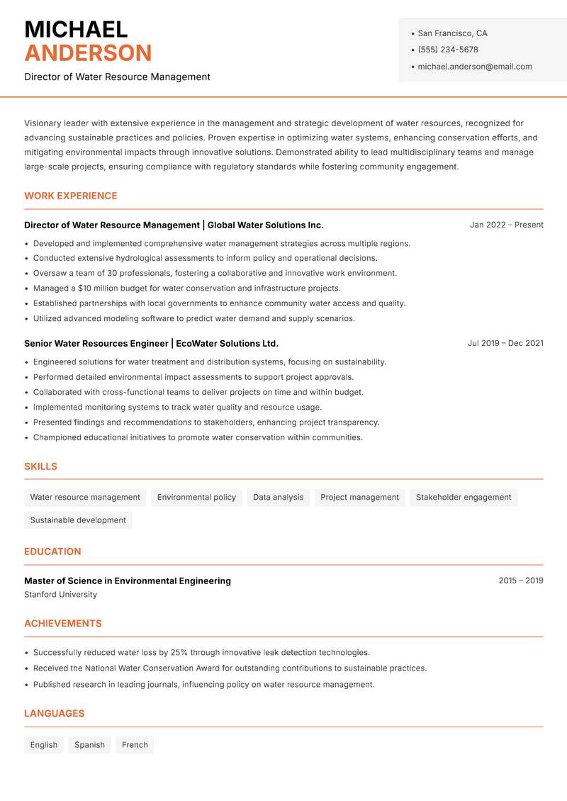 Head of Water Resources resume template — Modern Professional