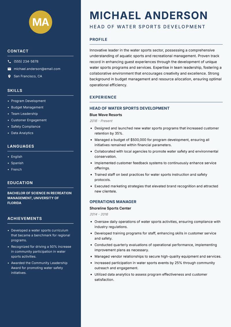 Head of Water Sports resume template — Classic Clean