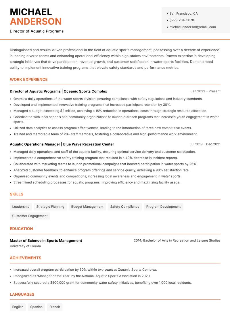 Head of Water Sports resume template — Modern Professional