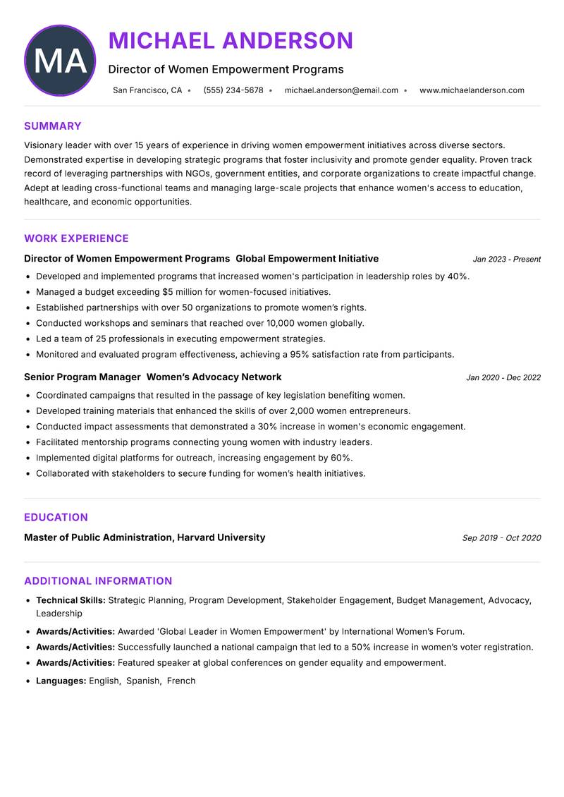 Head of Women Empowerment resume example — ATS-friendly template