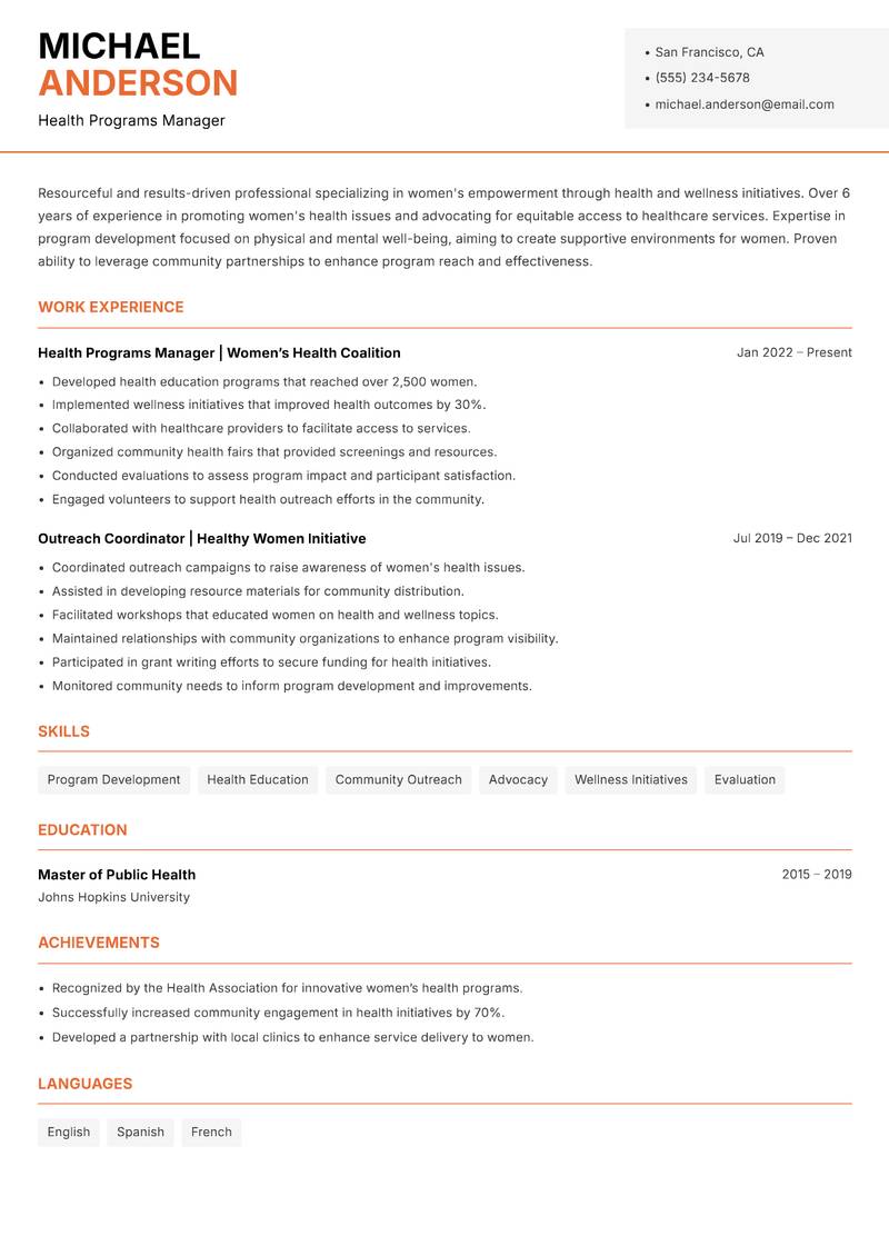 Head of Women Empowerment resume template — Modern Professional