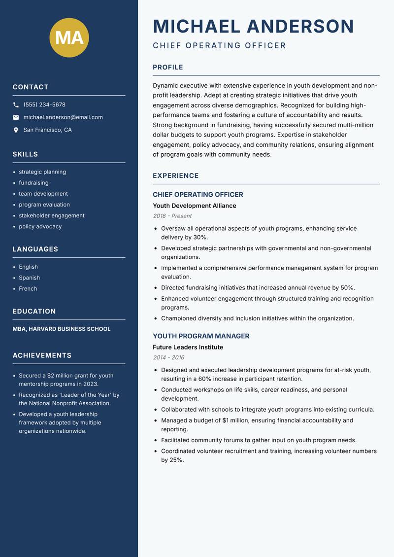 Head of Youth Development resume template — Classic Clean