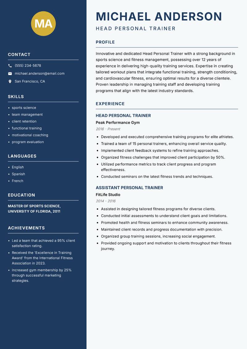 Head Personal Trainer resume template — Classic Clean