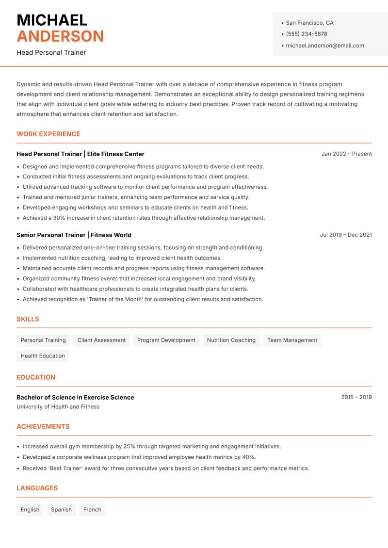 Head Personal Trainer resume template — Modern Professional