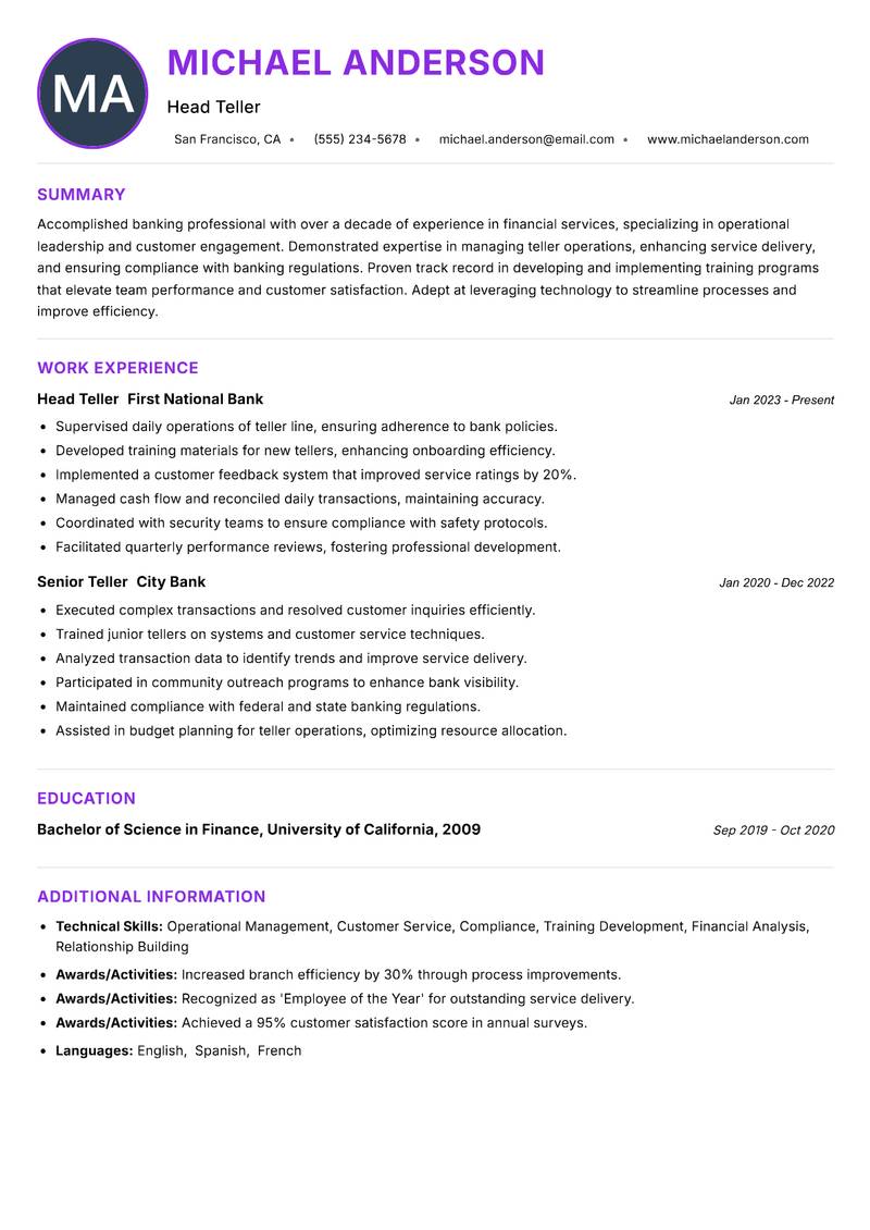 Head Teller resume example — ATS-friendly template