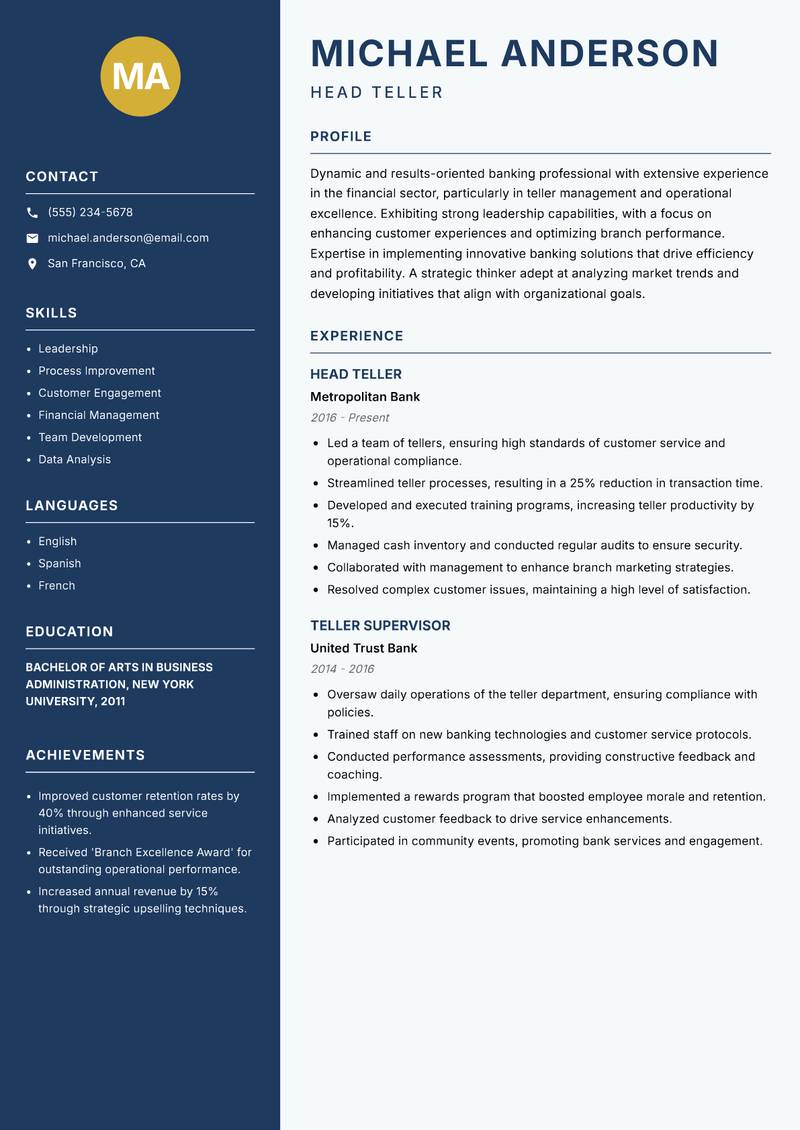 Head Teller resume template — Classic Clean