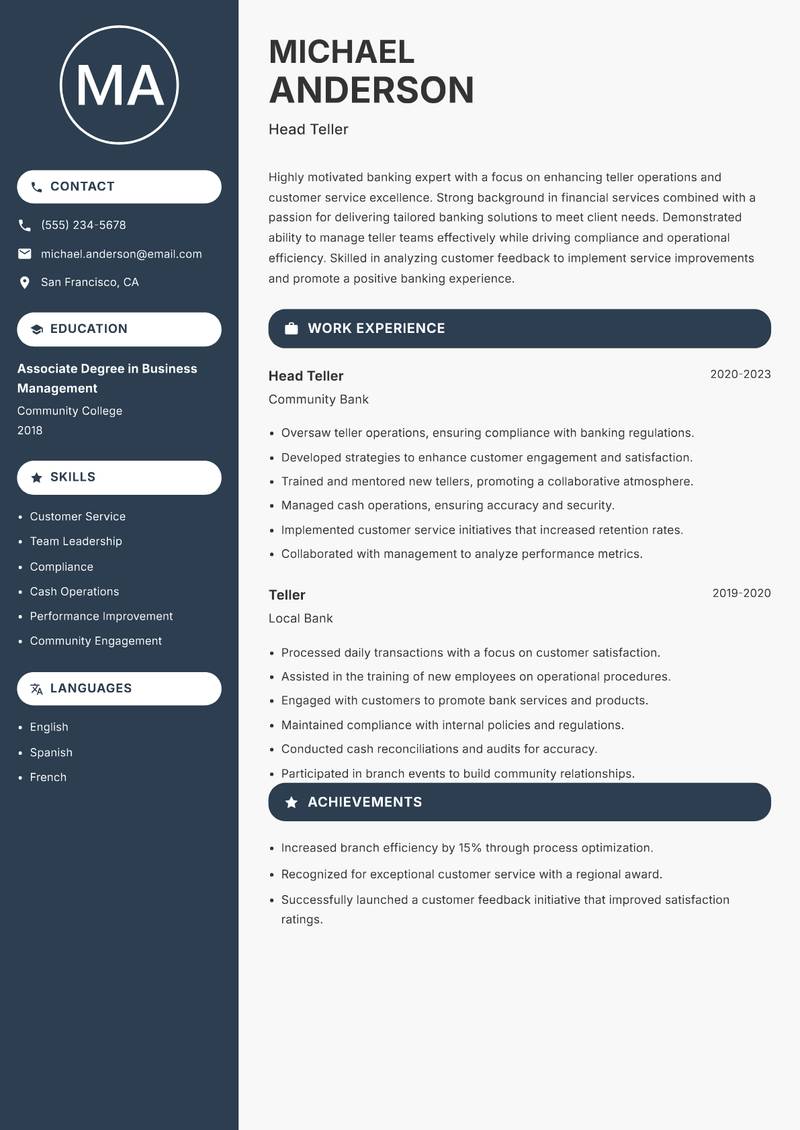 Head Teller resume template — Compact