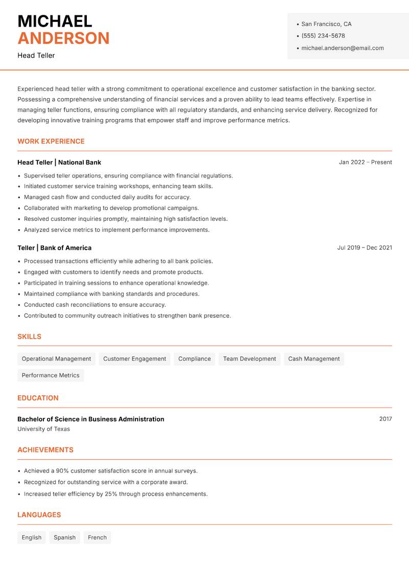 Head Teller resume template — Modern Professional