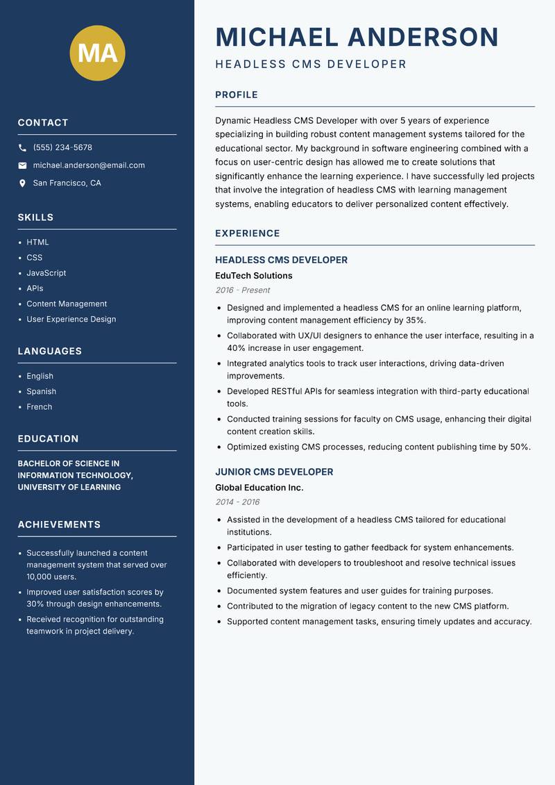 Headless CMS Developer resume template — Classic Clean