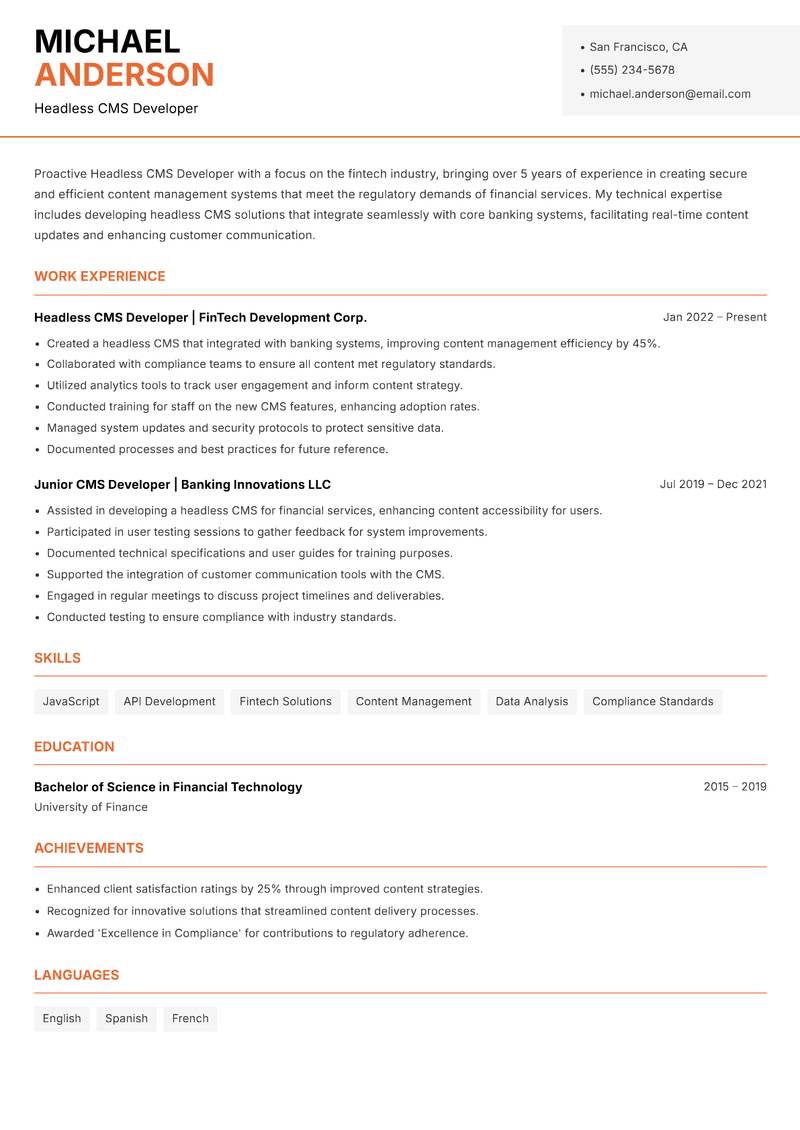 Headless CMS Developer resume template — Modern Professional