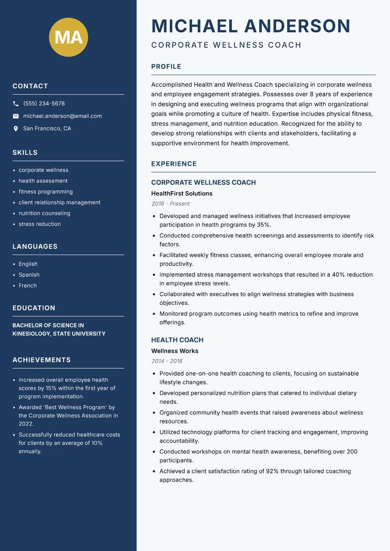 Health and Wellness Coach resume template — Classic Clean