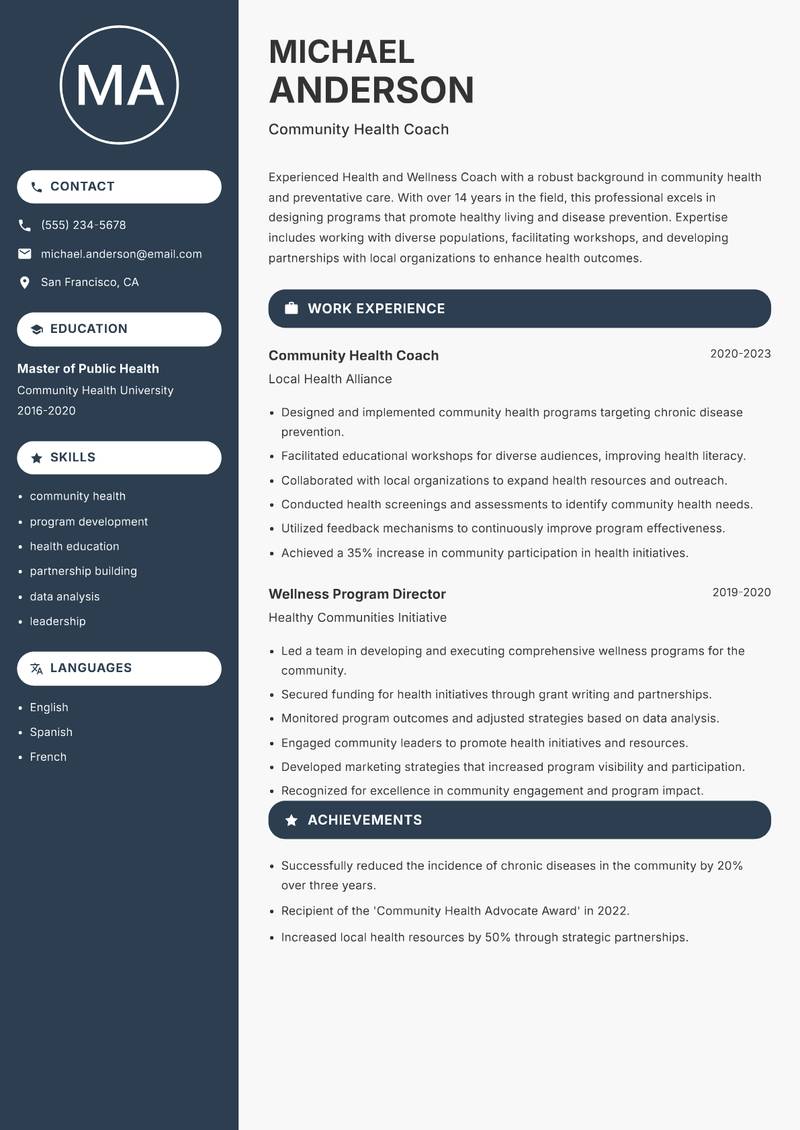 Health and Wellness Coach resume template — Compact