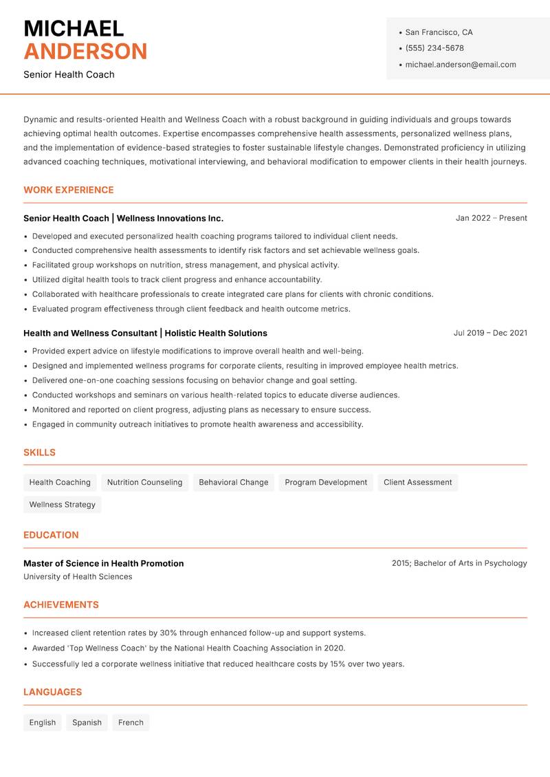 Health and Wellness Coach resume template — Modern Professional