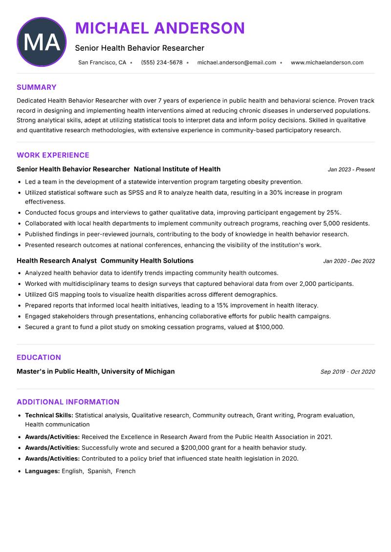 Health Behavior Researcher resume example — ATS-friendly template