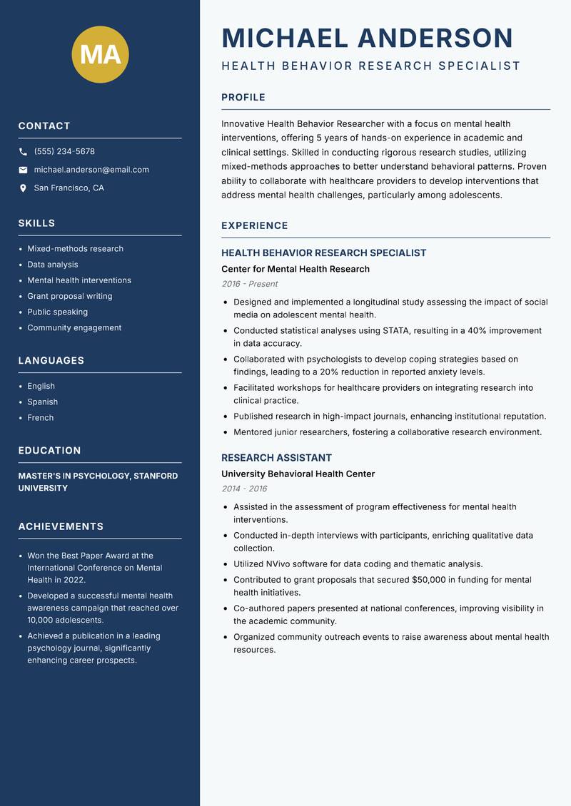 Health Behavior Researcher resume template — Classic Clean