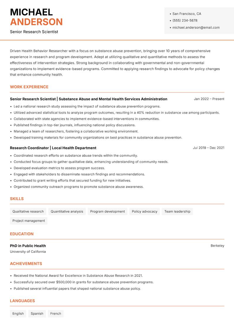 Health Behavior Researcher resume template — Modern Professional