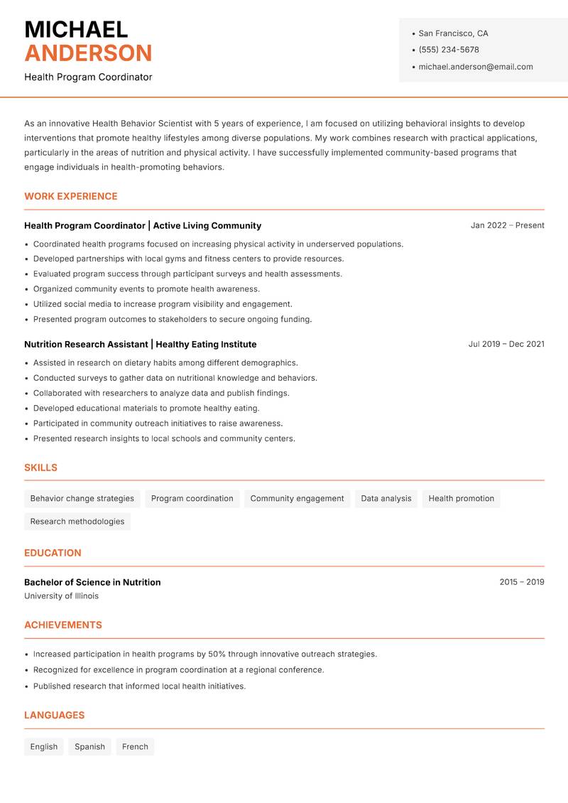 Health Behavior Scientist resume template — Modern Professional