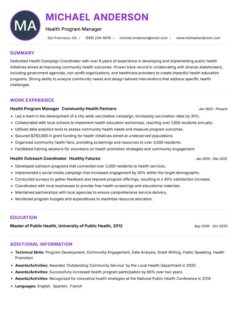 Health Campaign Coordinator resume example — ATS-friendly template