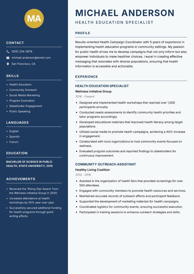 Health Campaign Coordinator resume template — Classic Clean