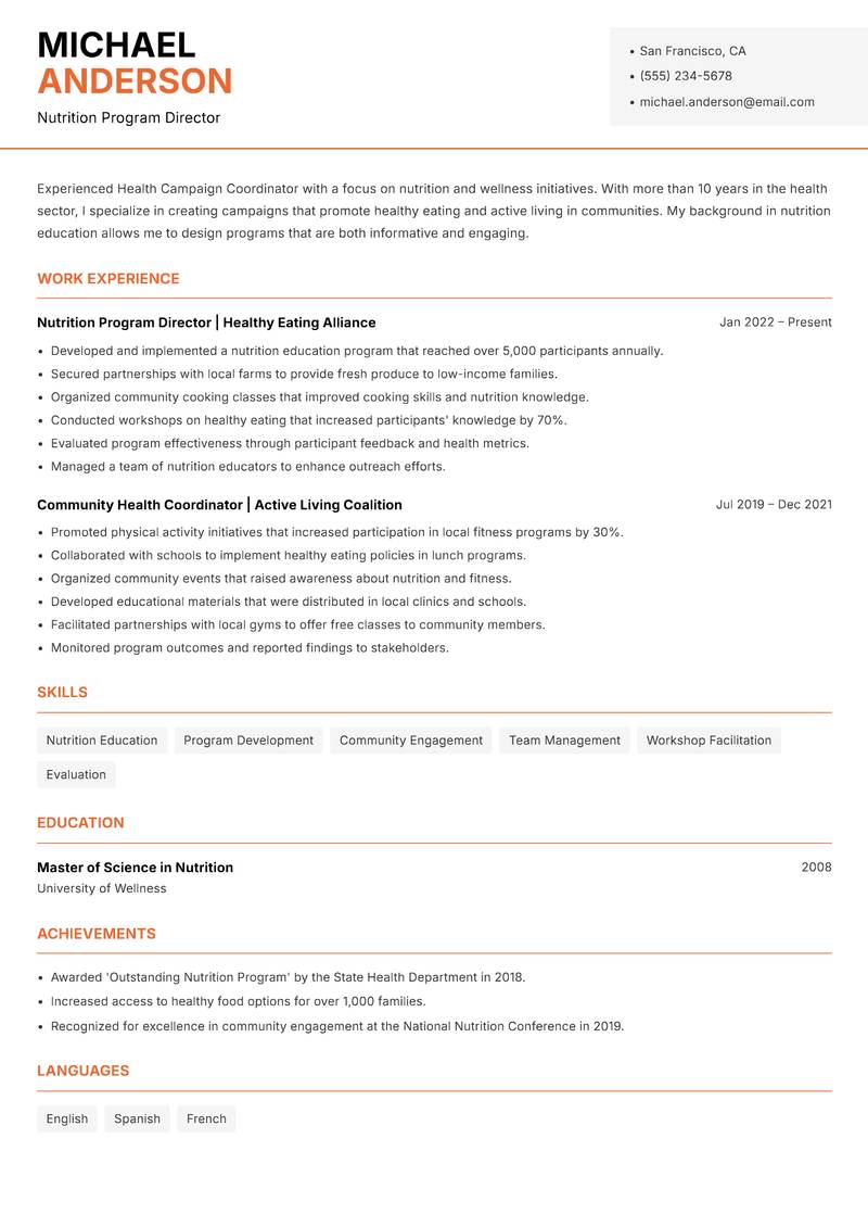 Health Campaign Coordinator resume template — Modern Professional