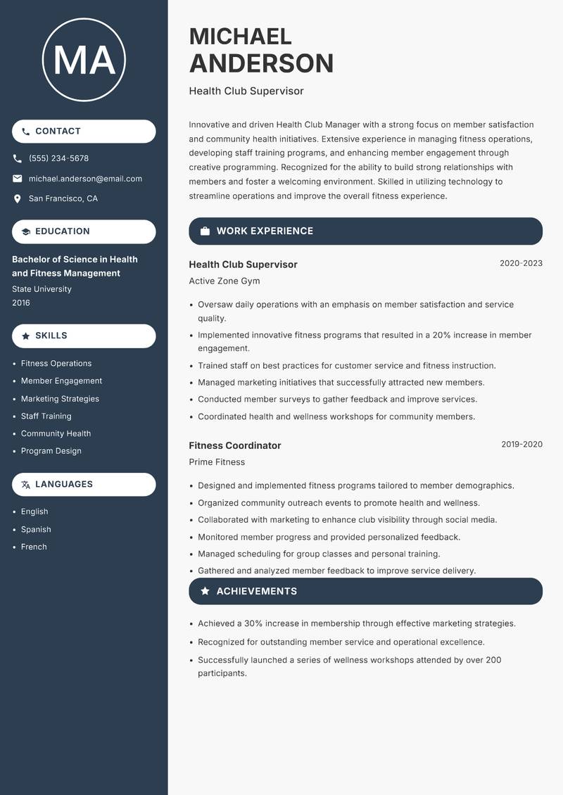 Health Club Manager resume template — Compact