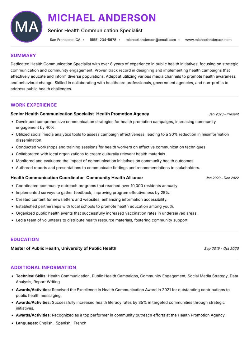 Health Communication Specialist resume example — ATS-friendly template