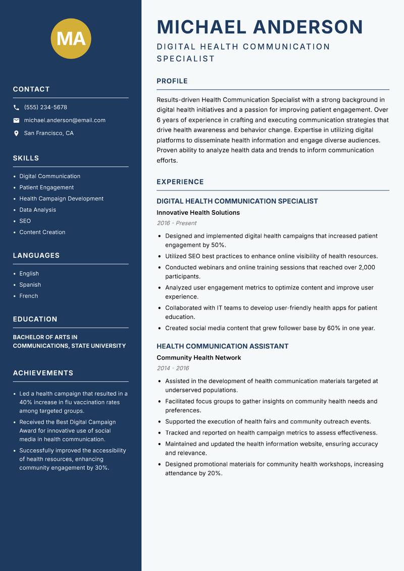 Health Communication Specialist resume template — Classic Clean