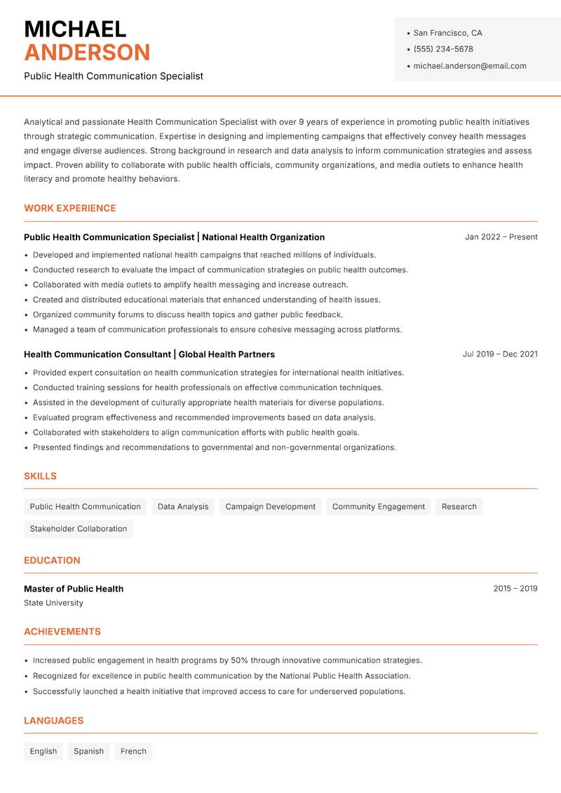 Health Communication Specialist resume template — Modern Professional