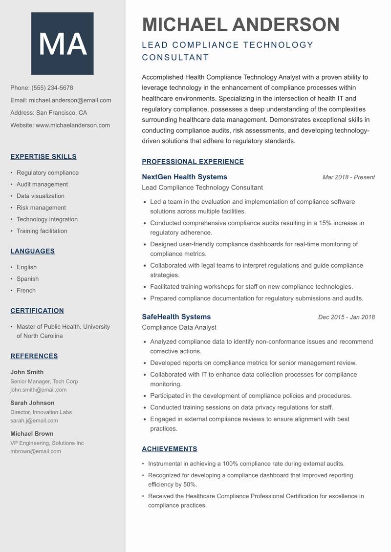 Health Compliance Technology Analyst resume template — Creative Minimal