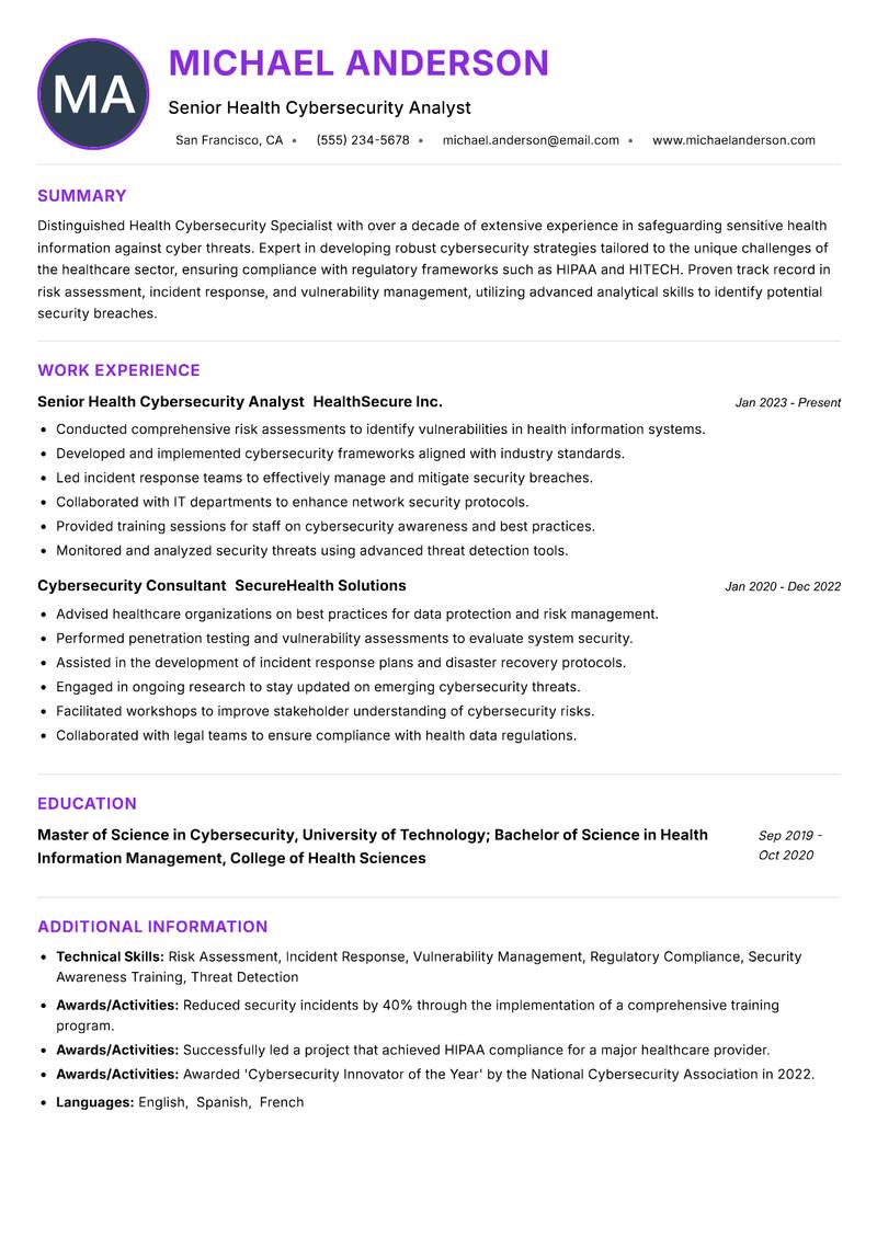 Health Cybersecurity Specialist resume example — ATS-friendly template