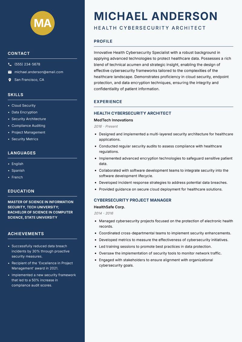 Health Cybersecurity Specialist resume template — Classic Clean