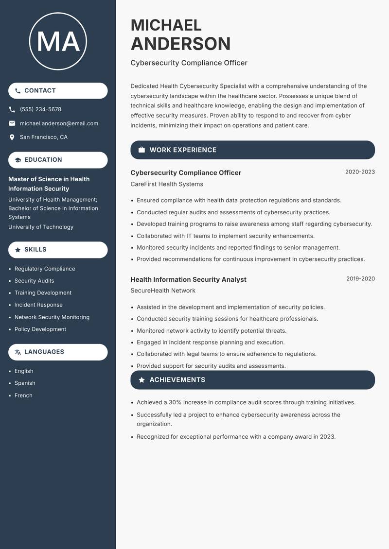 Health Cybersecurity Specialist resume template — Compact
