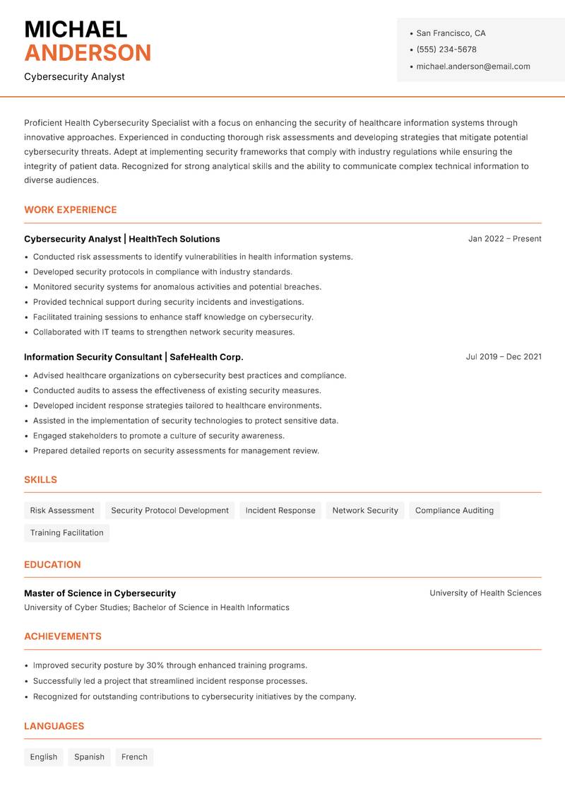 Health Cybersecurity Specialist resume template — Modern Professional