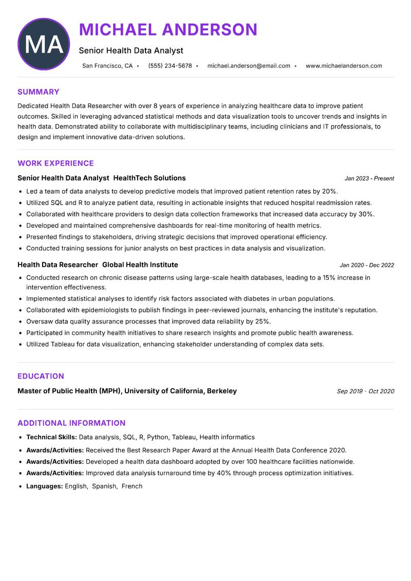 Health Data Researcher resume example — ATS-friendly template
