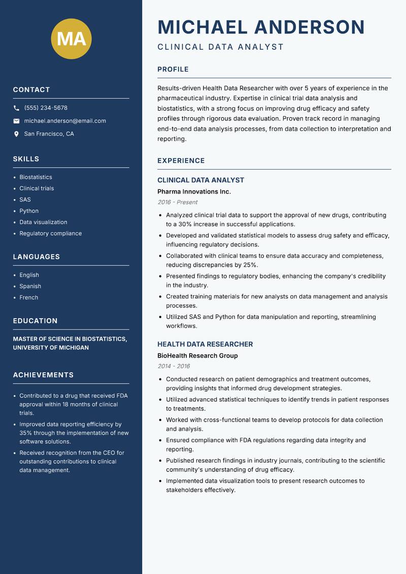 Health Data Researcher resume template — Classic Clean