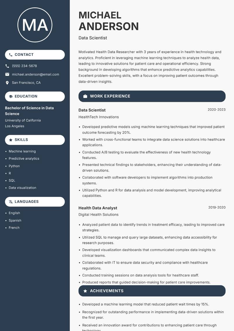 Health Data Researcher resume template — Compact
