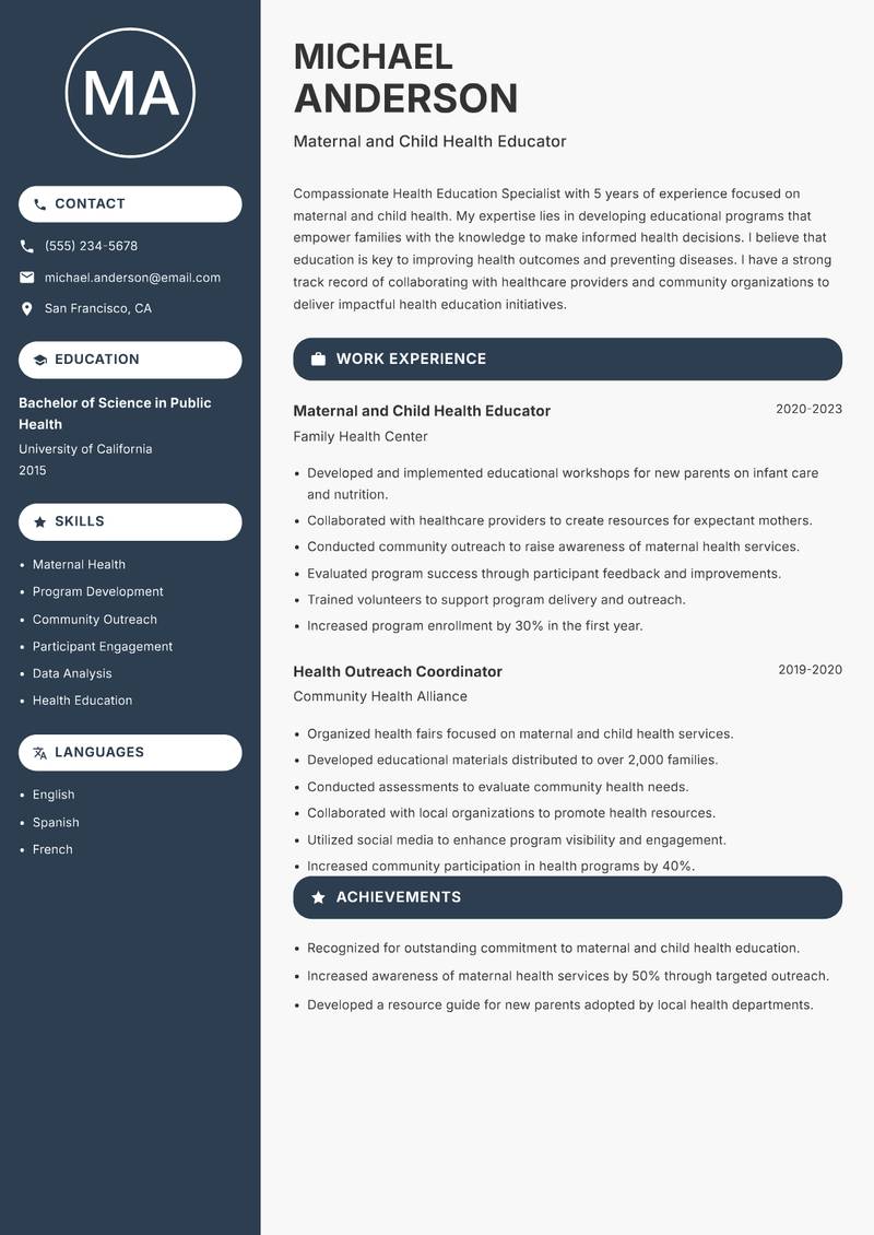 Health Education Specialist resume template — Compact