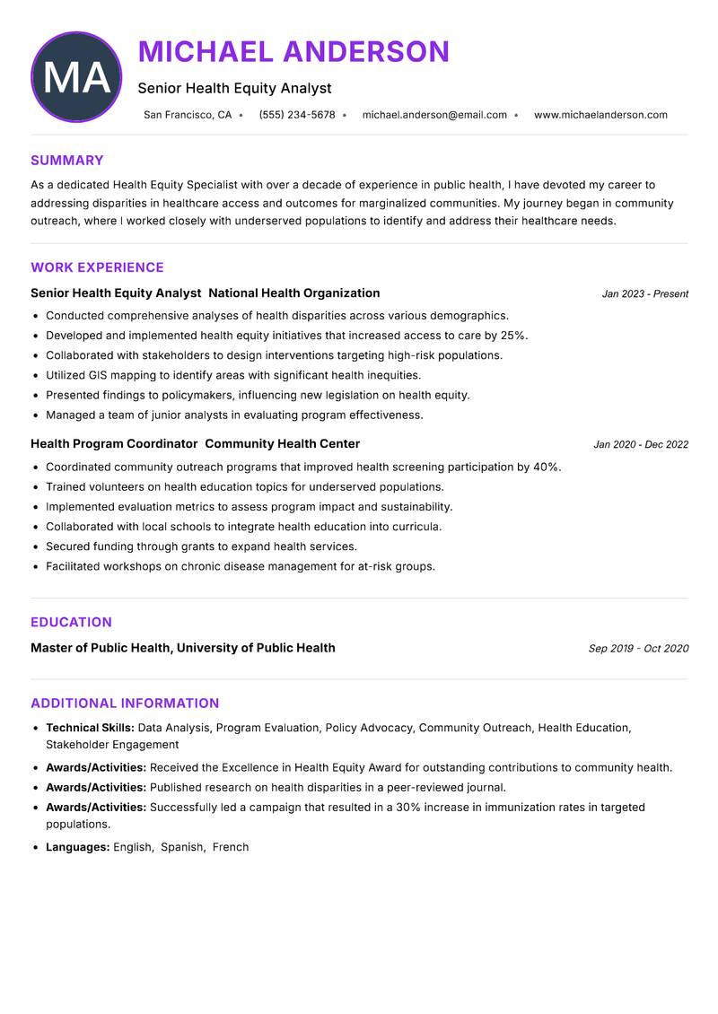 Health Equity Specialist resume example — ATS-friendly template
