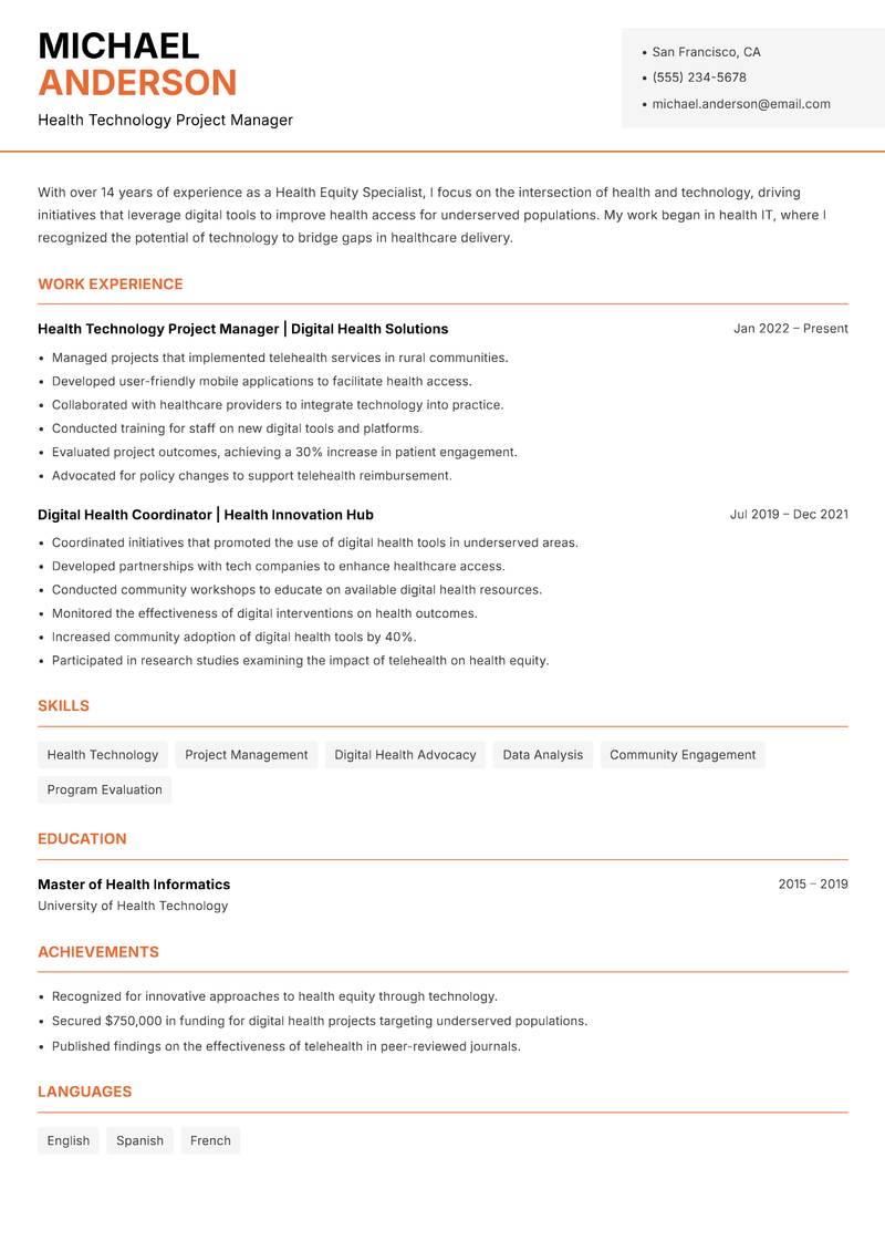 Health Equity Specialist resume template — Modern Professional